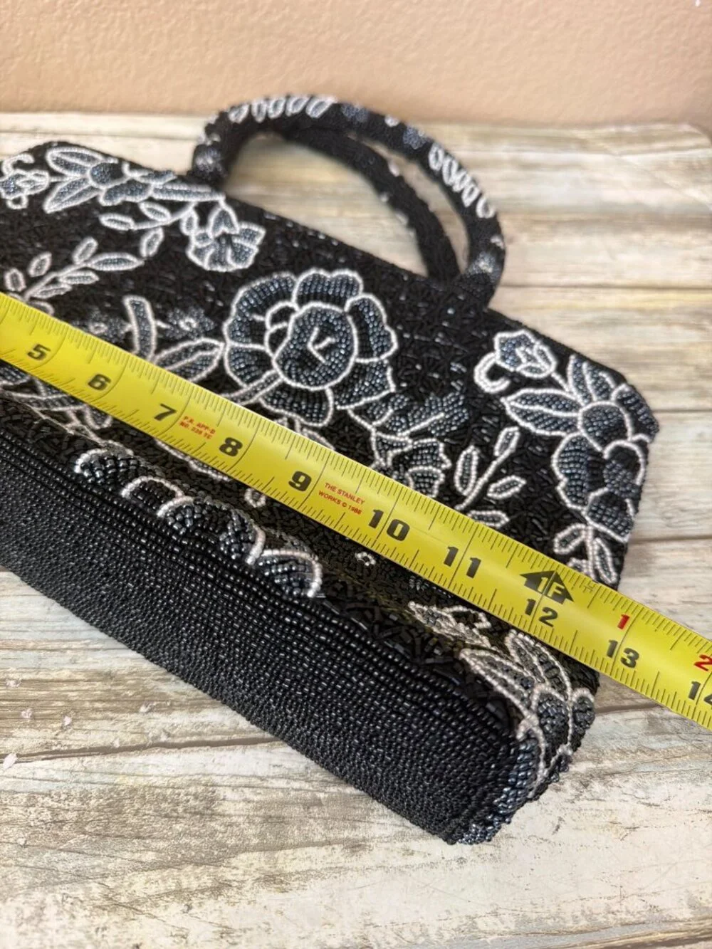 Vintage Black White Beaded Floral Evening Bag Top Handle Cocktail Purse - Picture 11 of 13